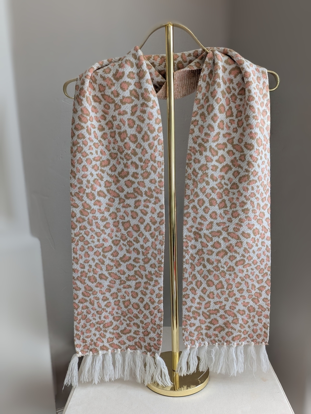 bebe Ladies Leopard Knit Hat & Scarf Set in Beige/Pink - Picture 6 of 16
